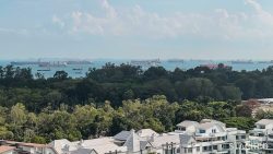 White-roofed residential buildings with dense green trees and a sea view filled with anchored cargo ships in the distance