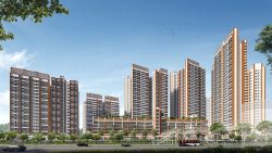 High-rise residential blocks with brown vertical trims and landscaped greenery along a road with vehicles