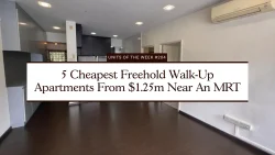 Empty apartment interior with dark wooden flooring, white walls, and built-in kitchen cabinets