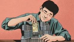 Illustration of a man putting a banknote into a model of stacked apartment blocks against a pink background