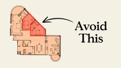 Floor plan of apartment with two bedrooms and two bathrooms highlighted in red with "Avoid This" text and arrow