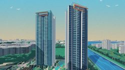 Two tall residential towers with balconies stand near a river and urban buildings at sunset