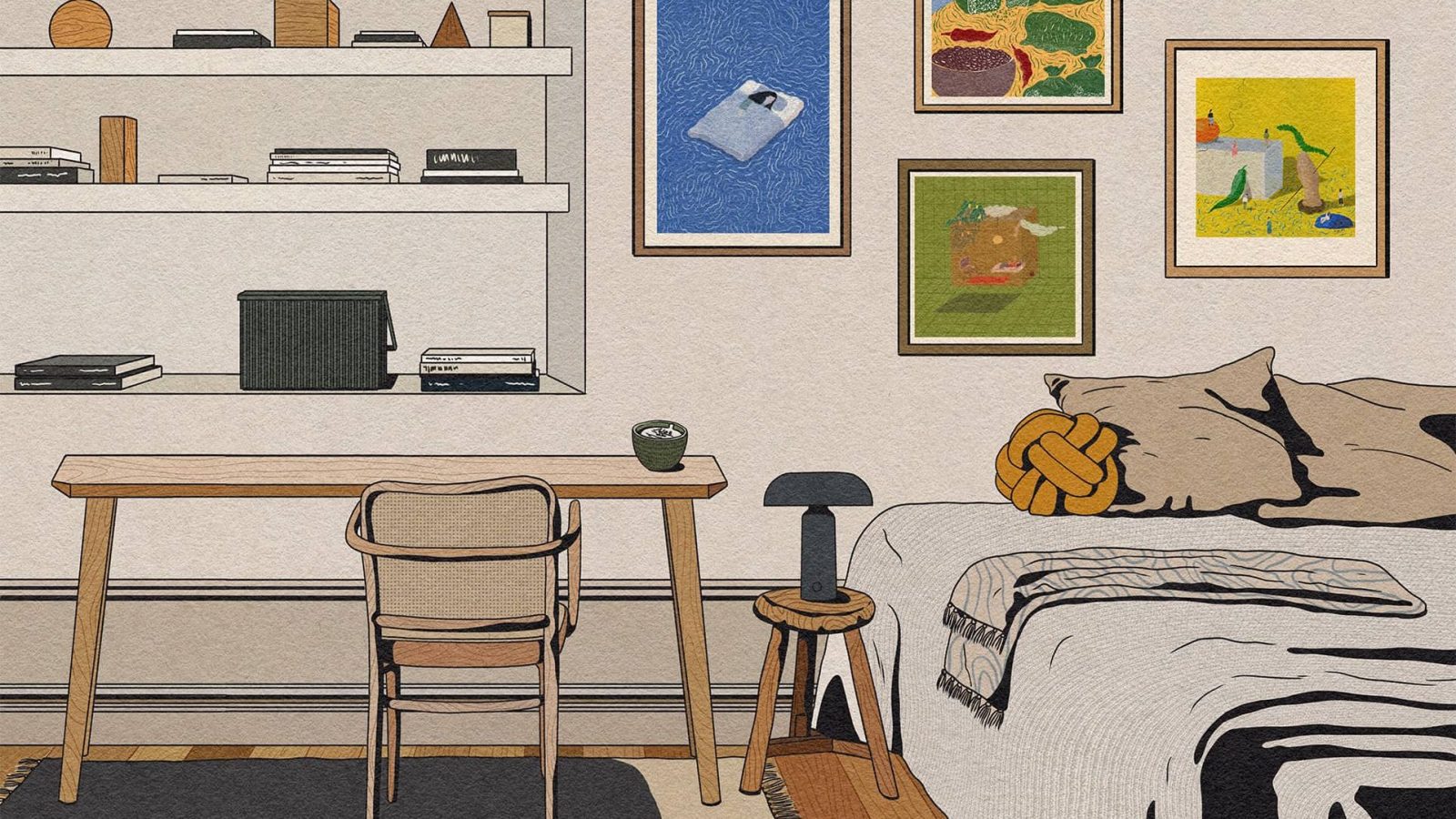 Bedroom with wooden desk and chair, bed with pillows, bedside stool and framed artwork on wall