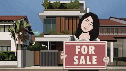 Illustration of a woman holding a "For Sale" sign in front of modern terrace houses with greenery