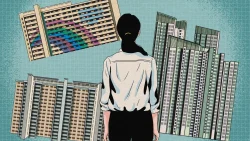 Woman facing illustrated HDB housing blocks on a blue grid background