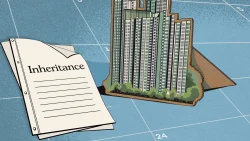 Stack of papers titled inheritance next to cut-out of high-rise residential blocks on a gridded surface