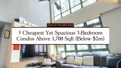 Living area with blue sofa and large windows in a high-ceiling apartment with built-in TV cabinet
