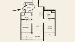 Floor plan of a two-bedroom apartment showing kitchen, dining, living, balcony, and master bath areas