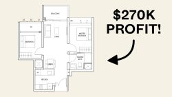 Floor plan showing two bedrooms, kitchen, dining, living area, balcony and master bathroom with profit text and arrow