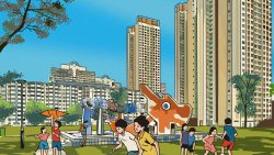 Children playing in a playground with slide and tube near tall apartment blocks and trees on a sunny day