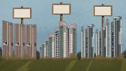 Illustration of three clusters of high-rise residential buildings with blank wooden signboards above each block