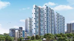 Tall residential apartment blocks with blue and white facade amidst trees and clear sky