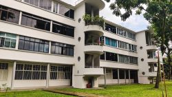Four-storey white apartment blocks with curved balconies and plants on green lawn and trees nearby