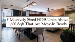 Dining area and living room with wooden flooring, ceiling fan, and modern lighting fixtures in HDB unit