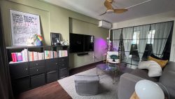 Living room with a wall-mounted TV, black cubical bookshelf, glass coffee table, grey sofa, and ceiling fan