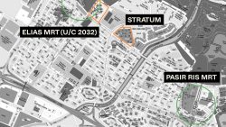 Map highlighting Stratum residential blocks between Elias MRT (U/C 2032) and Pasir Ris MRT in eastern Singapore
