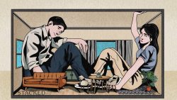 Illustration of a man and woman sitting inside a miniature living room with small furniture and a plant
