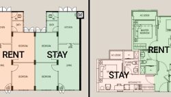 Two floor plans side by side showing rooms labelled with rent and stay for bedroom and living areas
