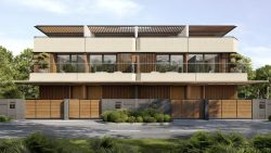 Modern three-storey terrace house with beige balconies, wooden gates, glass railings and greenery in front