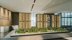 Lentor Modern residential blocks scale model with trees and road displayed in showroom with large windows