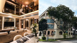 Living room with beige sofa, wall-mounted TV, mirror ceiling fan, dining table set and flower vase with lilies; exterior of D Mansions housing blocks with large trees along the street