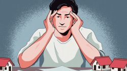 Illustration of a man holding his temples looking stressed, with miniature model houses on the table