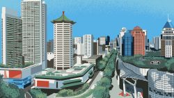 City skyline with tall buildings, green rooftop gardens, and a pedestrian bridge over trees