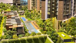 Parc Clematis model showing residential blocks, terrace houses, swimming pools and landscaped greenery