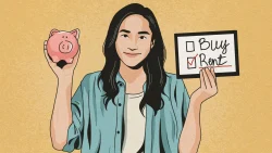 Illustration of woman holding piggy bank and sign with ticked "Rent" option under "Buy" and "Rent" choices