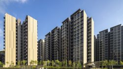 Tall residential apartment blocks with balconies under clear blue sky and landscaped greenery in front