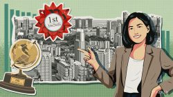 Illustration of a woman pointing at cityscape with first place Asia Pacific ribbon and sixth globally trophy