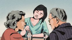 Illustration of a young woman and an elderly couple saving money in jars labelled house and holiday
