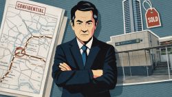 Man in suit with arms crossed alongside confidential map and building with sold tag
