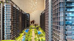 Model of The Continuum apartment blocks with central landscaped gardens and water features