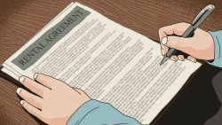 Person signing a rental agreement document on a wooden table with a black pen