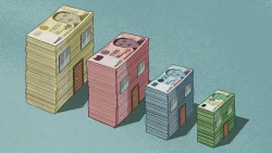 Four stacks of Singapore dollar notes arranged as residential blocks with doors and windows in varying heights