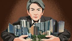 Illustration of a person with grey hair in a dark suit holding a cluster of various apartment and condominium buildings