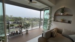 Apartment balcony with plants on rack and pots, sliding doors, cream sofa and built-in wall shelves