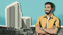 Illustration of a smiling man with folded arms beside tall residential apartment blocks against a patterned sky