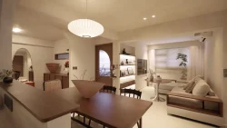 Dining table with chairs next to a living room featuring a sofa, round table, and window with blinds