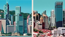 Side-by-side digital illustrations of Hong Kong and Singapore city skylines with tall buildings and housing blocks