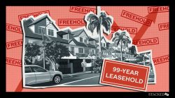 Row of terrace houses with parked car and palm trees, overlaid with red "FREEHOLD" stamps and a 99-year leasehold sign