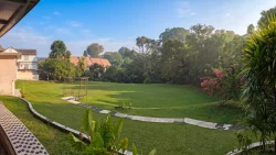 Large lawn area with garden bench, tropical plants, flowering bushes and residential buildings in background