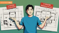 Illustration of a man comparing floor plans of a 2-room Flexi BTO flat and a 4-room resale flat