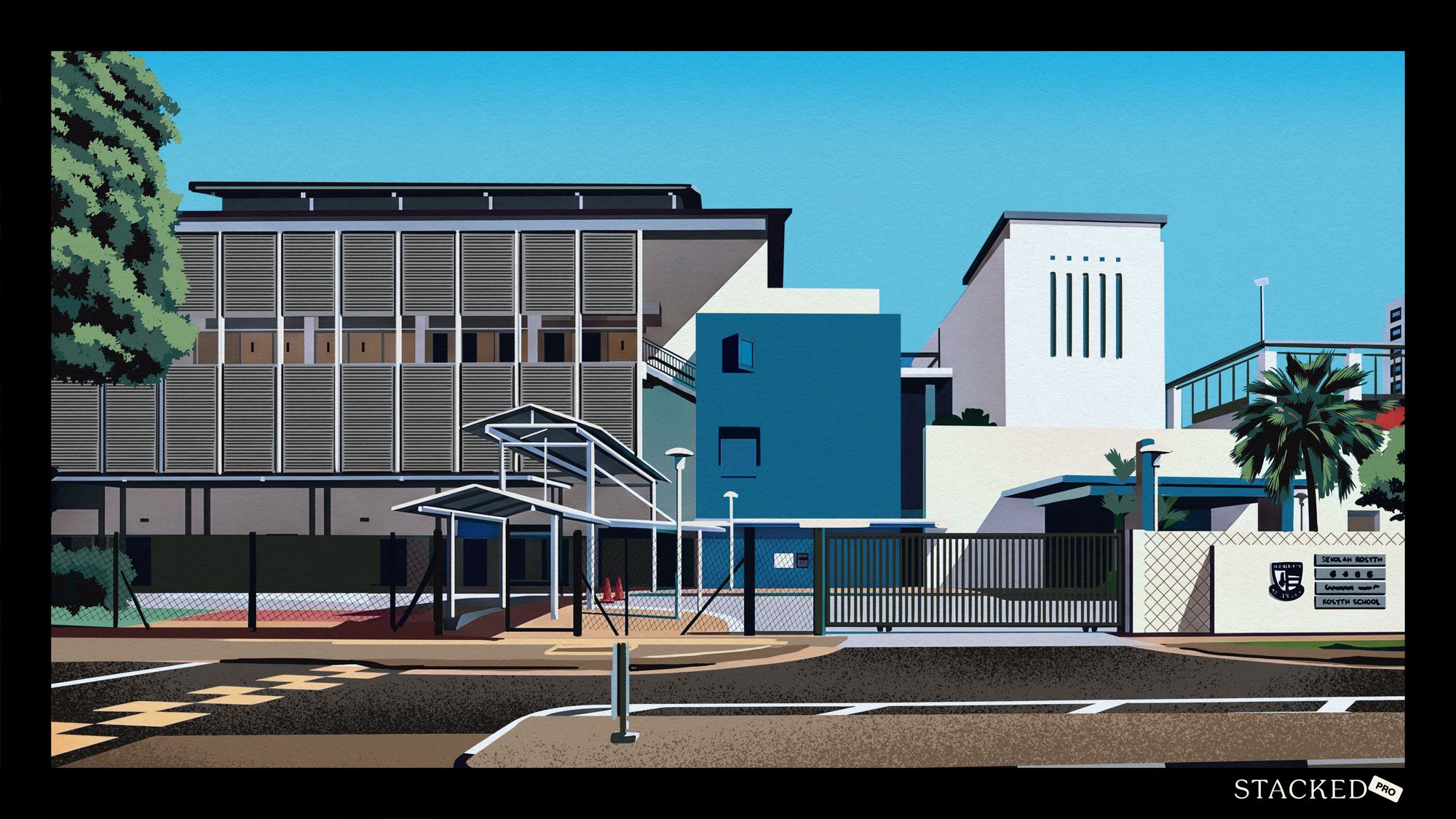 Rosyth School building with colourful exterior walls, canopies, gated entrance and trees on a sunny day