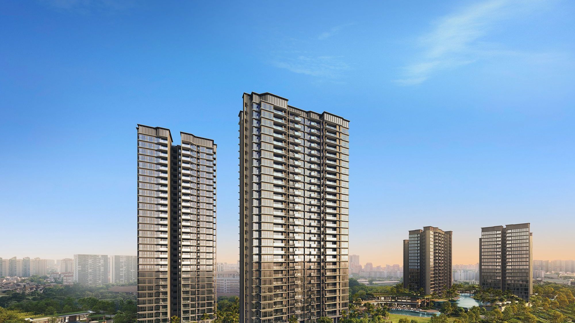 Thomson Reserve residential blocks rising above greenery with city skyline and clear blue sky background