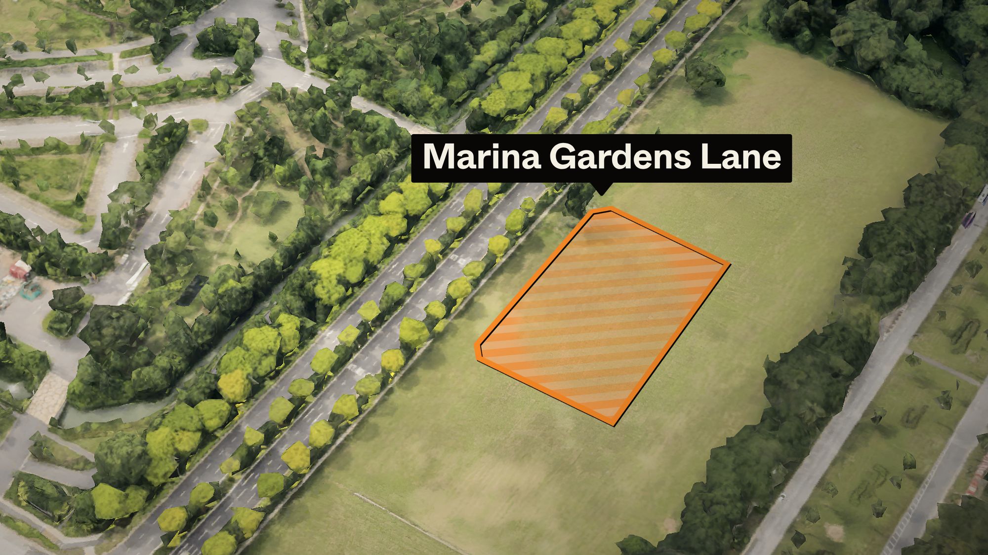 Aerial view of a green area with roads and a highlighted land plot labelled Marina Gardens Lane