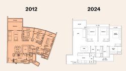 Comparison of two residential floor plans from 2012 and 2024 showing layout changes in bedrooms and living areas