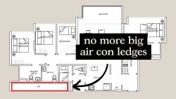 Floor plan showing bedrooms, bathrooms, kitchen, balcony, and highlighted air con ledge area with text overlay
